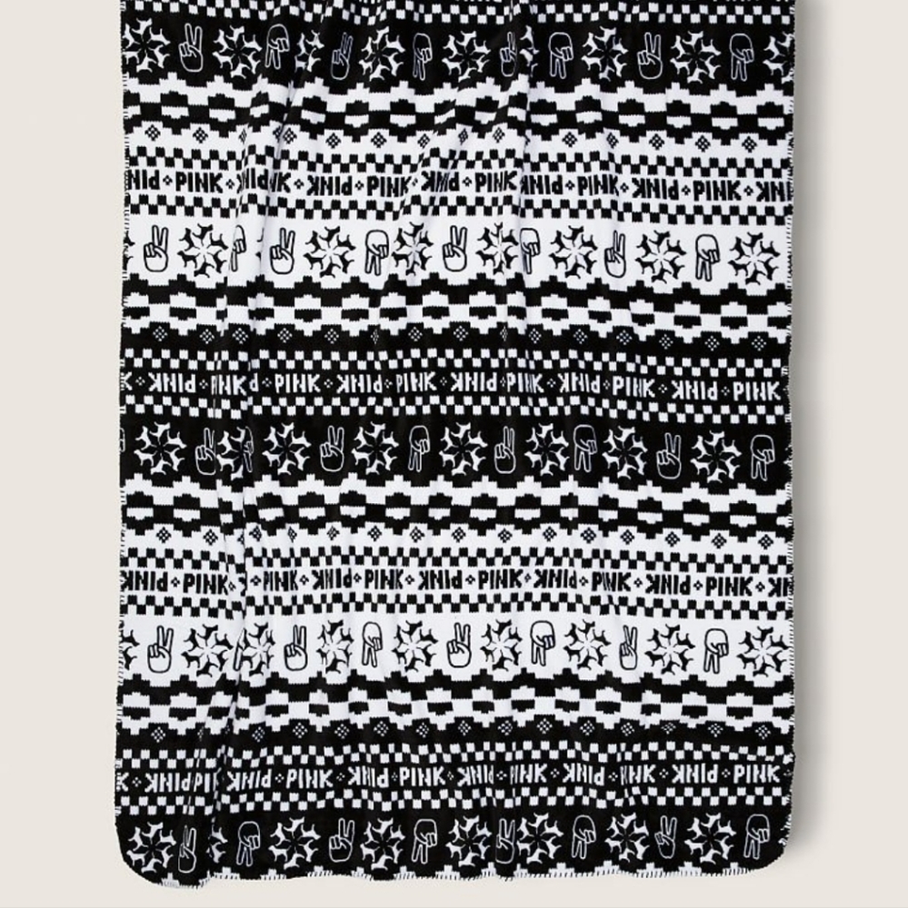 Victoria Secret PINK sherpa throw blanket fleece brand new black white peace dog - Picture 2 of 9